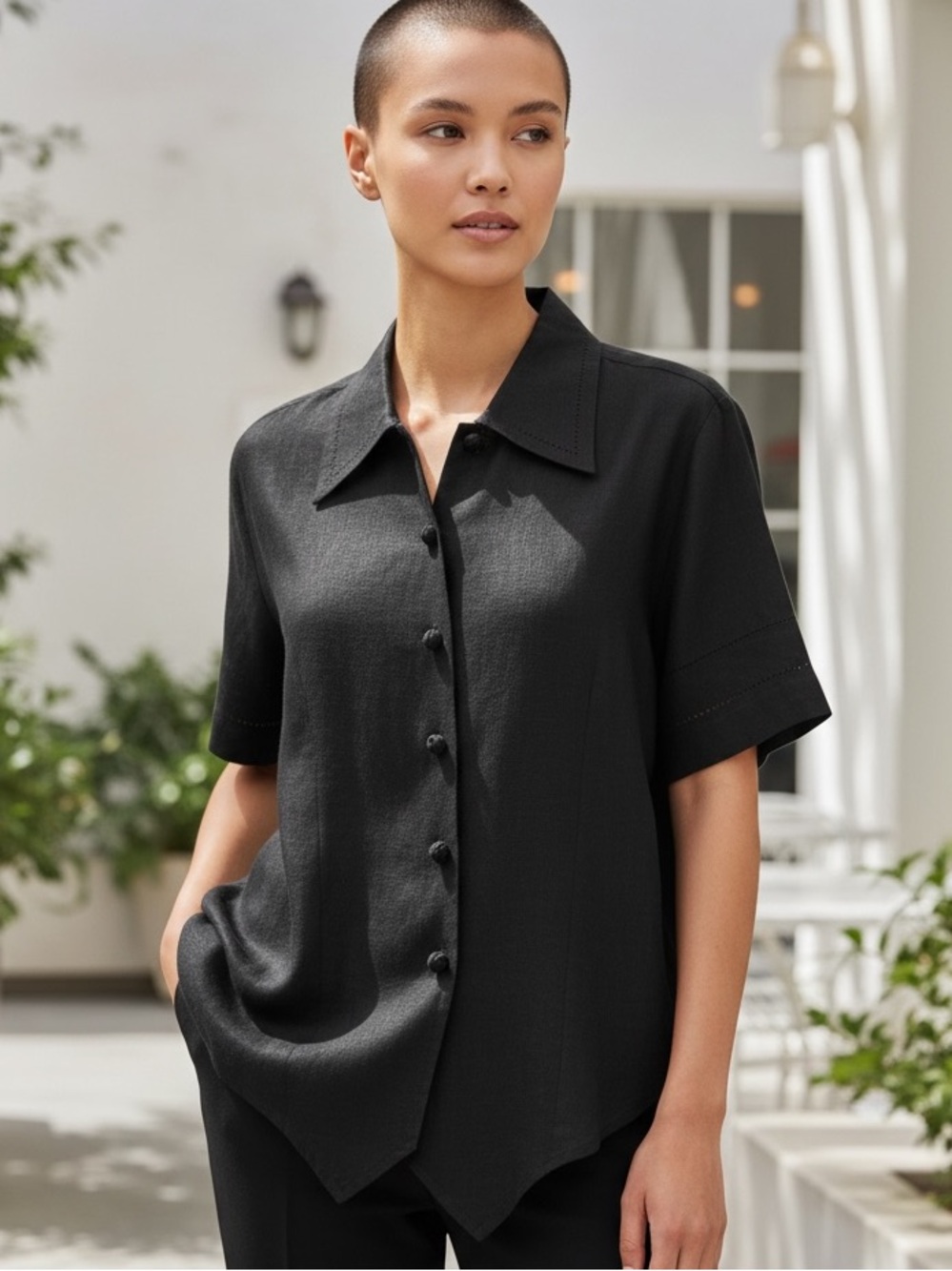 NWOT MILANO BLACK LINEN BLEND W POINTED FRONT HEM KNOTTED BUTTONS BLOUSE SZ L